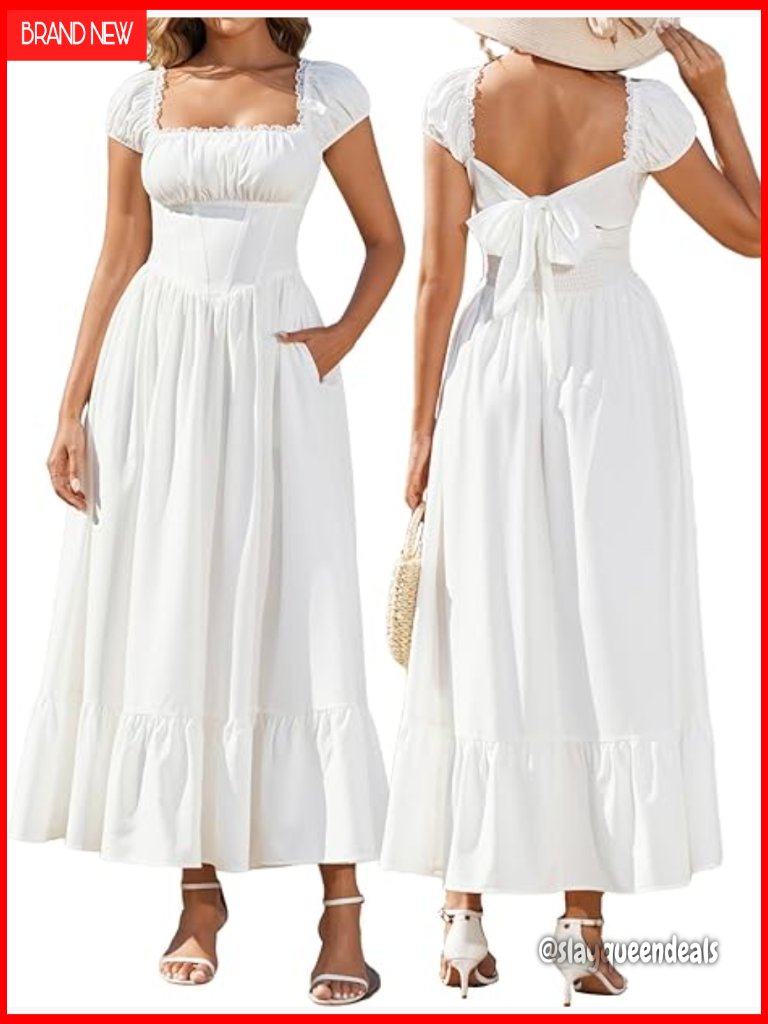 Women's Square Neck Lace Corset Maxi Dress Flowy Bow Tie Tea Party Dress